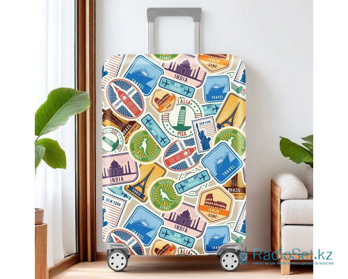 Чехол для чемодана эластичный полиэстер с принтом TRAVEL  разные страны Размер M